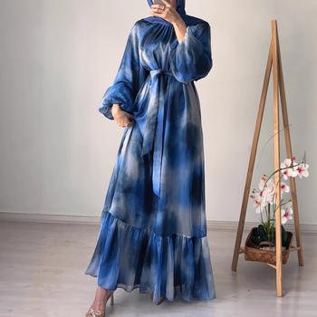 M4059 Női Lezser és Divatos Közel-Keleti Sifon Kerek Nyakú, Batikolt Hosszú Elegáns Ruha Övvel