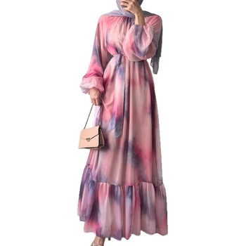 M4059 Női Lezser és Divatos Közel-Keleti Sifon Kerek Nyakú, Batikolt Hosszú Elegáns Ruha Övvel