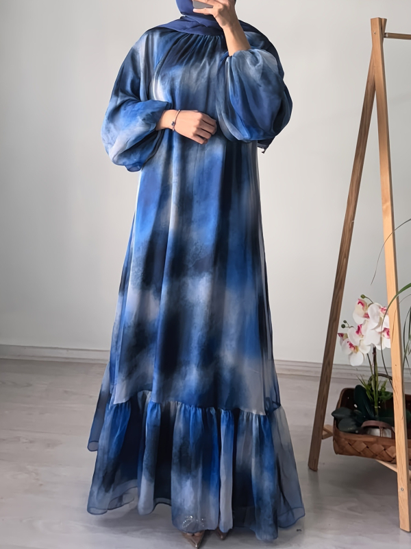 M4059 Női Lezser és Divatos Közel-Keleti Sifon Kerek Nyakú, Batikolt Hosszú Elegáns Ruha Övvel