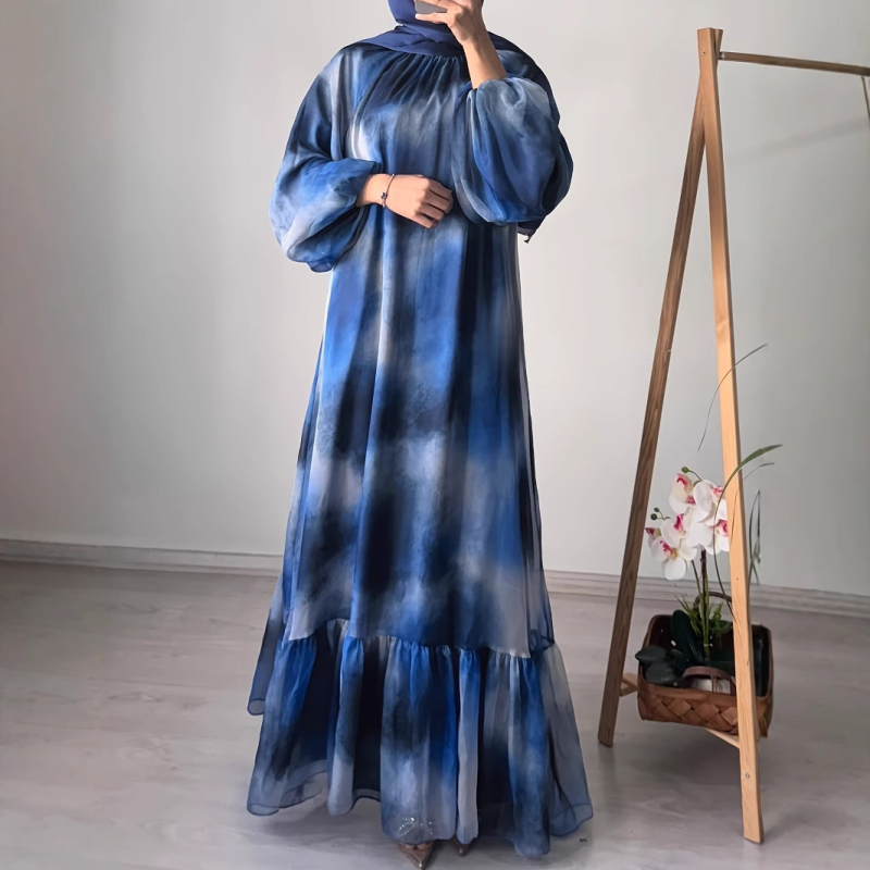 M4059 Női Lezser és Divatos Közel-Keleti Sifon Kerek Nyakú, Batikolt Hosszú Elegáns Ruha Övvel