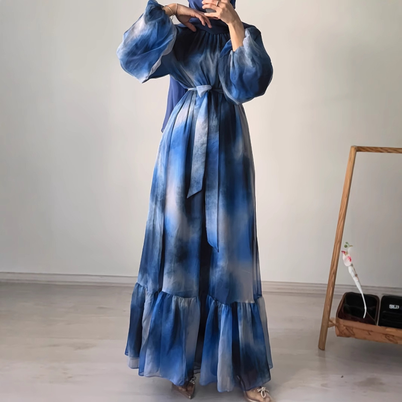 M4059 Női Lezser és Divatos Közel-Keleti Sifon Kerek Nyakú, Batikolt Hosszú Elegáns Ruha Övvel