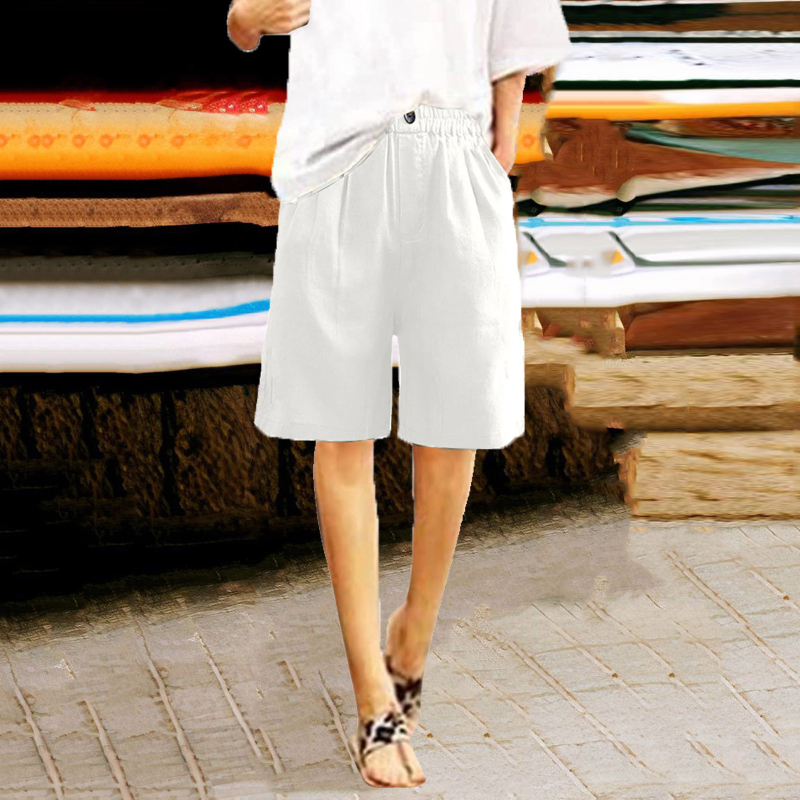 2024-es, határokon átnyúló Amazon pamut és lenvászon rövidnadrág, női nyári, új, laza, magas derekú, közepes hosszúságú nadrág.