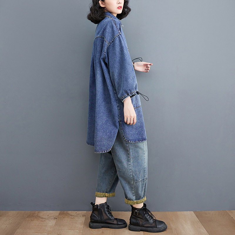 Päris laos olev teksariie, naiste pikk kevad- ja sügiskraega pikkade varrukatega, pingutusnööriga pestav vana särk, pikkade varrukatega trendikas