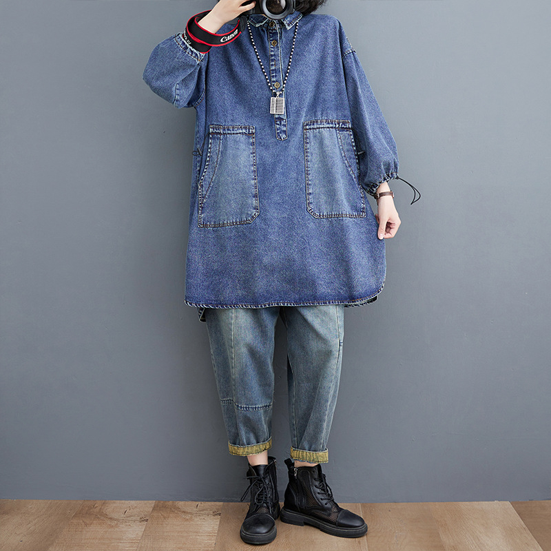 Päris laos olev teksariie, naiste pikk kevad- ja sügiskraega pikkade varrukatega, pingutusnööriga pestav vana särk, pikkade varrukatega trendikas