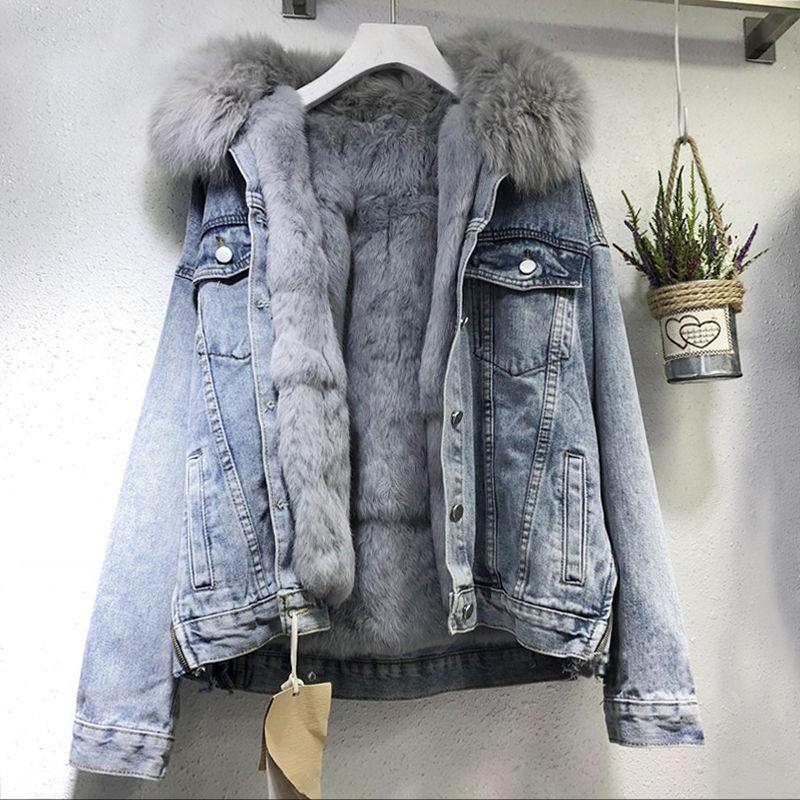Jachetă denim de pluș pentru femei iarna 2024 nouă K-Style îngroșată scurtă imitație de blană de iepure guler detașabil din bumbac pentru femei la modă