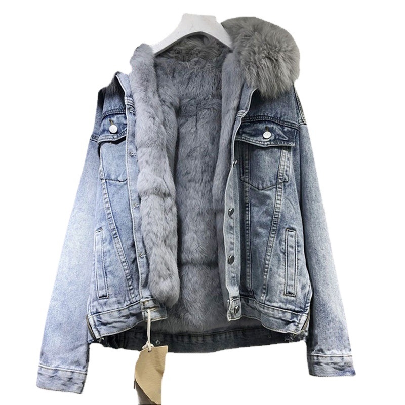 Jachetă denim de pluș pentru femei iarna 2024 nouă K-Style îngroșată scurtă imitație de blană de iepure guler detașabil din bumbac pentru femei la modă