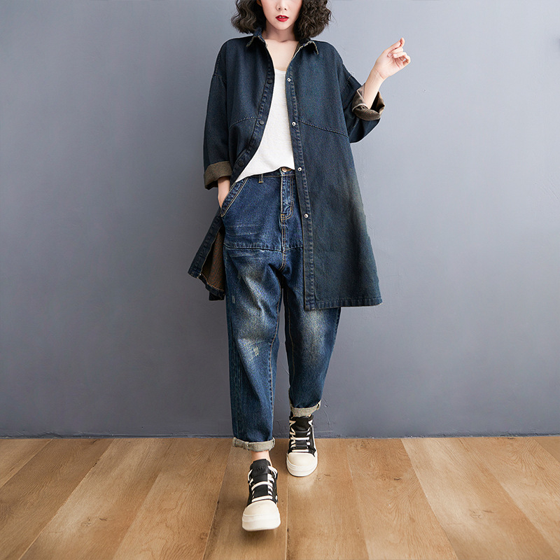 Fotografie reală în stoc, lejeră, asortată, retro, distressed, lungime medie, din denim, stil western la modă, slăbit, mărime mare