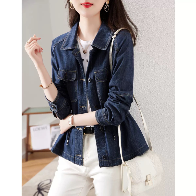 Naiste 2024. aasta sügisene pendeldajakk, vabaaja lihtne lühikeste pükste ja sinise puuvillaga teksariie