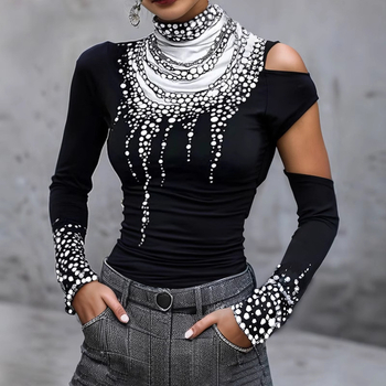 Hosszú Ujjú, Karcsúsított, Mintás, Magas Nyakú Póló