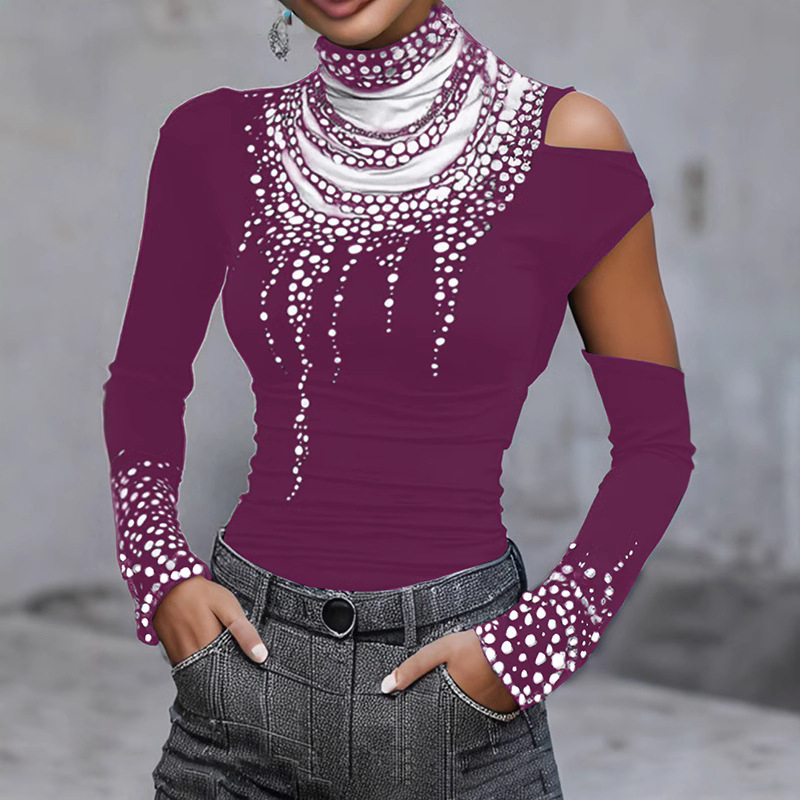 Hosszú Ujjú, Karcsúsított, Mintás, Magas Nyakú Póló