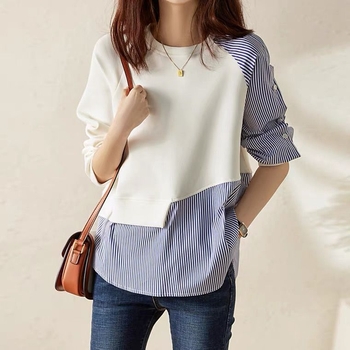 Eklektikus Design Sense Niche Stitching Crewneck Pulóver Női Őszi Új Szabálytalan Csíkos Laza Pamut Felső