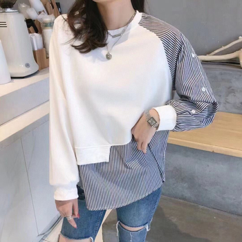 Eklektikus Design Sense Niche Stitching Crewneck Pulóver Női Őszi Új Szabálytalan Csíkos Laza Pamut Felső