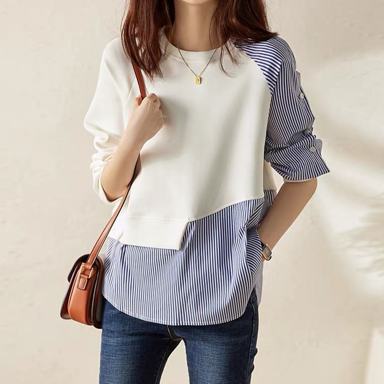 Eklektikus Design Sense Niche Stitching Crewneck Pulóver Női Őszi Új Szabálytalan Csíkos Laza Pamut Felső