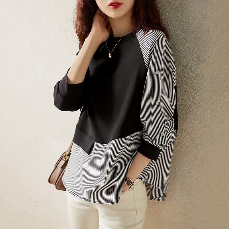 Eklektikus Design Sense Niche Stitching Crewneck Pulóver Női Őszi Új Szabálytalan Csíkos Laza Pamut Felső