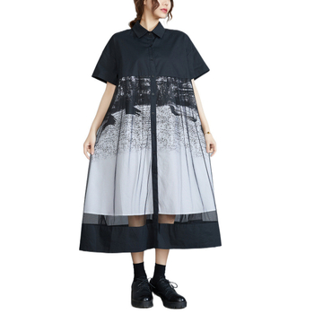 2025-ös új nyári stílusú francia retró fekete hálós, összeillesztett, nyomtatott hosszú ruha, laza, karcsúsító, A-vonalú szoknya