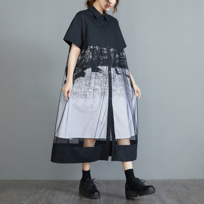 2025-ös új nyári stílusú francia retró fekete hálós, összeillesztett, nyomtatott hosszú ruha, laza, karcsúsító, A-vonalú szoknya