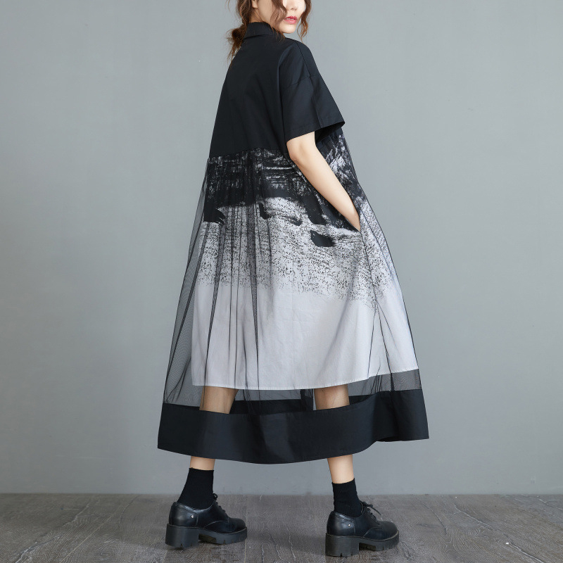 2025-ös új nyári stílusú francia retró fekete hálós, összeillesztett, nyomtatott hosszú ruha, laza, karcsúsító, A-vonalú szoknya