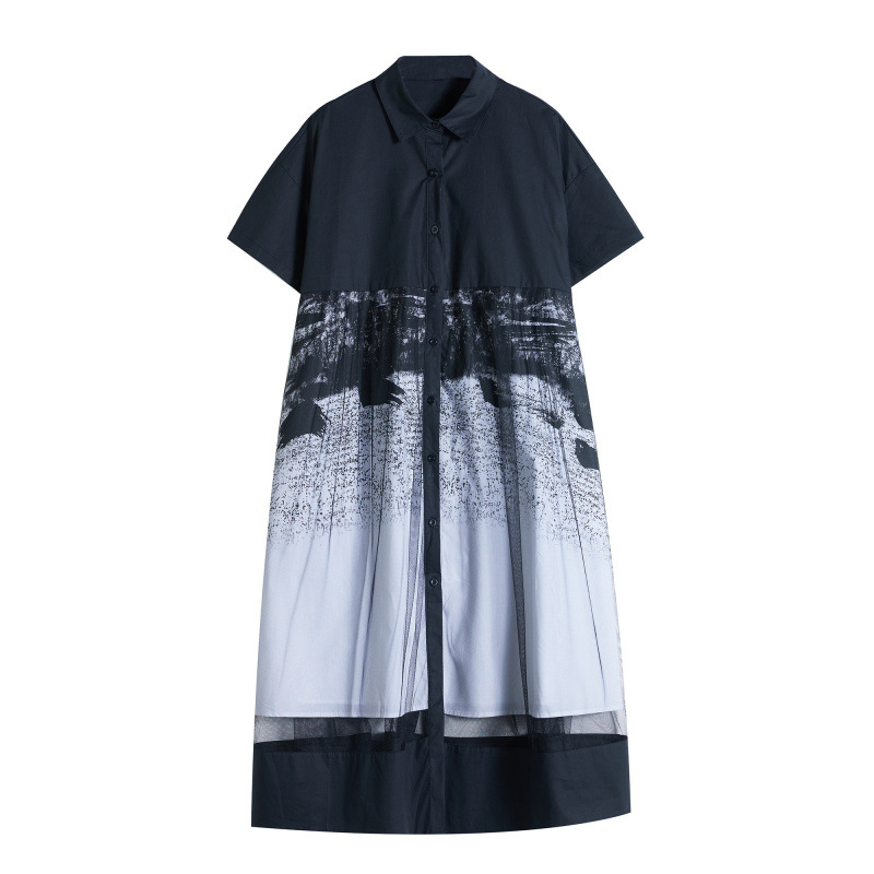 2025-ös új nyári stílusú francia retró fekete hálós, összeillesztett, nyomtatott hosszú ruha, laza, karcsúsító, A-vonalú szoknya