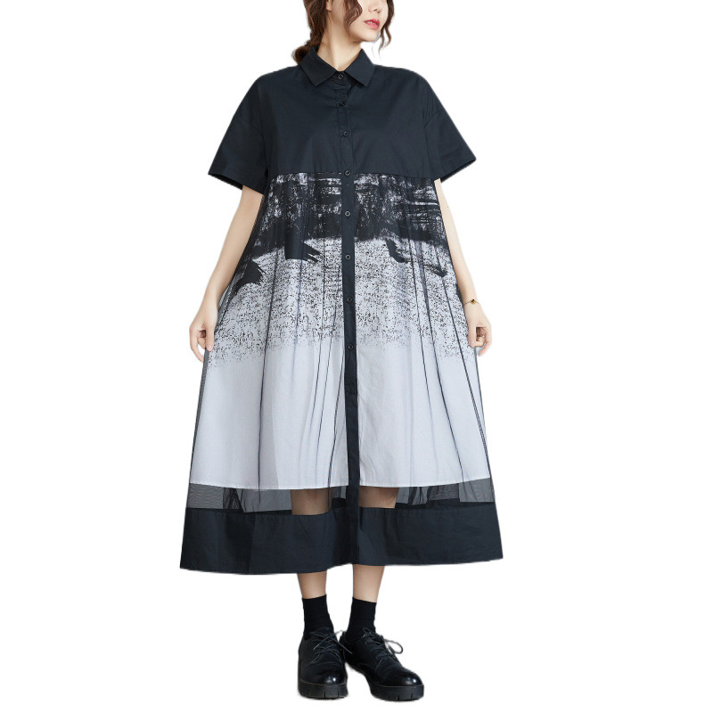 2025-ös új nyári stílusú francia retró fekete hálós, összeillesztett, nyomtatott hosszú ruha, laza, karcsúsító, A-vonalú szoknya