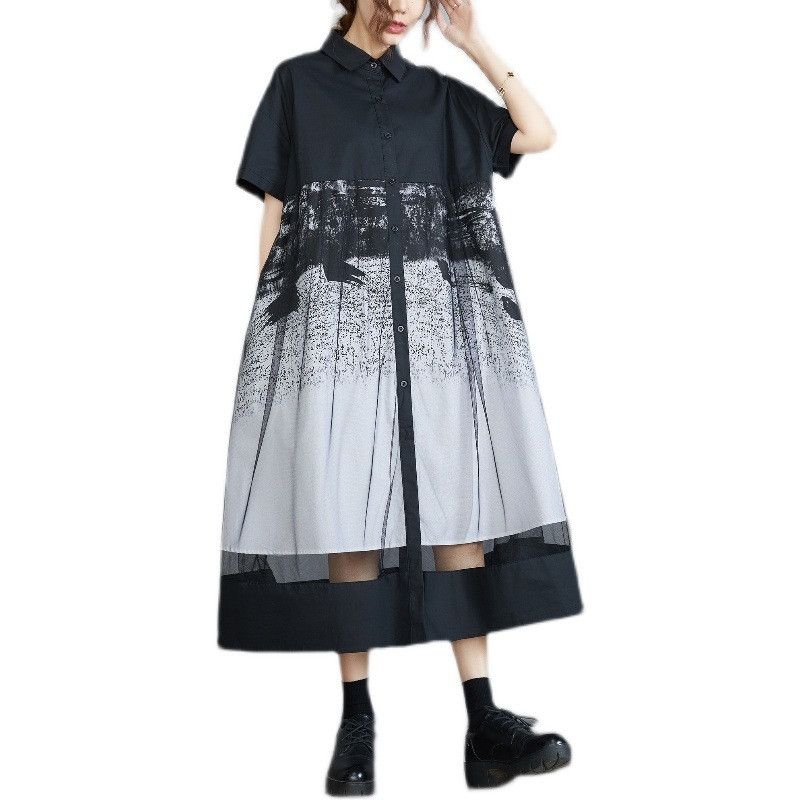 2025-ös új nyári stílusú francia retró fekete hálós, összeillesztett, nyomtatott hosszú ruha, laza, karcsúsító, A-vonalú szoknya