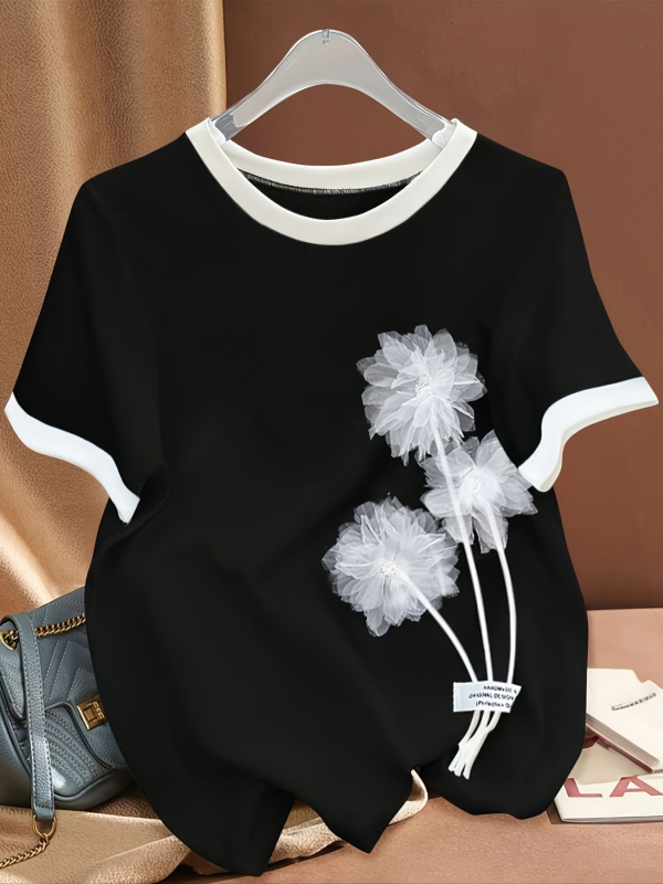 Naiste pluss-suuruses suvine lühikeste varrukatega ümara kaelusega vabaaja T-särk 3D lillekaunistusega graafilise mustriga T-särk