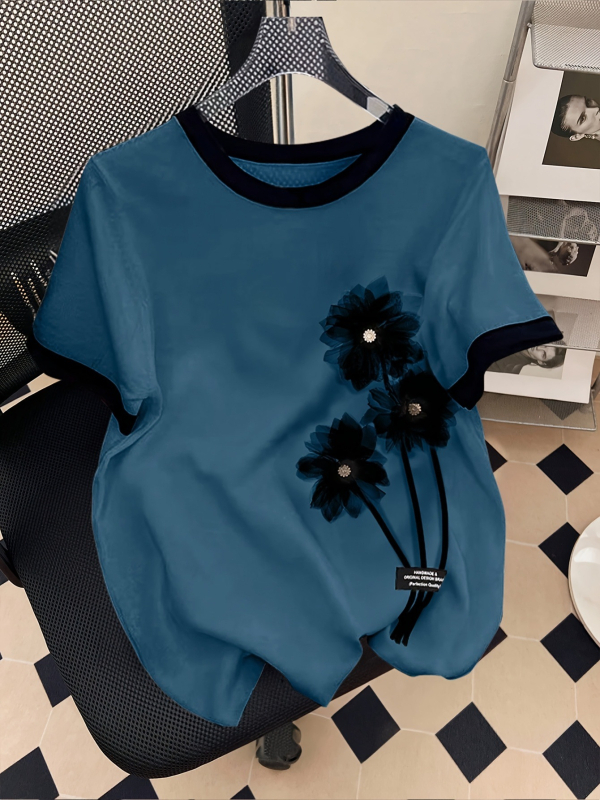 Naiste pluss-suuruses suvine lühikeste varrukatega ümara kaelusega vabaaja T-särk 3D lillekaunistusega graafilise mustriga T-särk