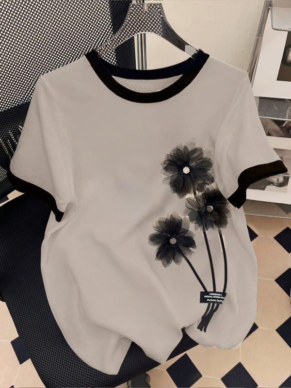 Naiste pluss-suuruses suvine lühikeste varrukatega ümara kaelusega vabaaja T-särk 3D lillekaunistusega graafilise mustriga T-särk