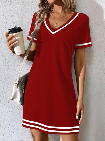 2025 új nyári női ruházati európai és amerikai határokon átnyúló amazon laza V-nyakú csíkos kontrasztos rövid ujjú alkalmi ruha