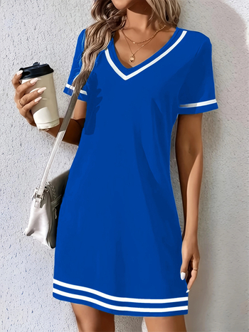 2025 új nyári női ruházati európai és amerikai határokon átnyúló amazon laza V-nyakú csíkos kontrasztos rövid ujjú alkalmi ruha