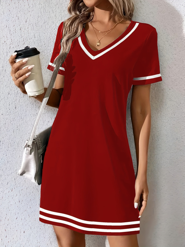 2025 új nyári női ruházati európai és amerikai határokon átnyúló amazon laza V-nyakú csíkos kontrasztos rövid ujjú alkalmi ruha