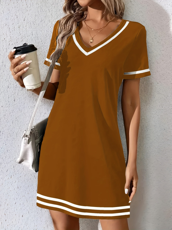2025 új nyári női ruházati európai és amerikai határokon átnyúló amazon laza V-nyakú csíkos kontrasztos rövid ujjú alkalmi ruha