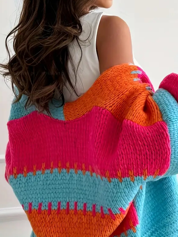 Európai és amerikai őszi és téli új, kontrasztos színű, kötött kardigán, női, bő, V-nyakú, lámpás ujjú, divatos, lezser pulóverdzseki