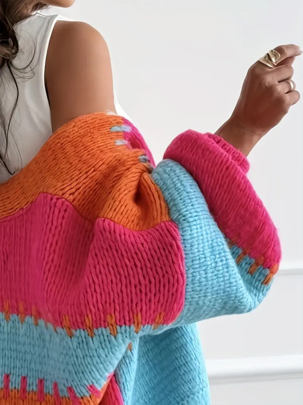 Európai és amerikai őszi és téli új, kontrasztos színű, kötött kardigán, női, bő, V-nyakú, lámpás ujjú, divatos, lezser pulóverdzseki