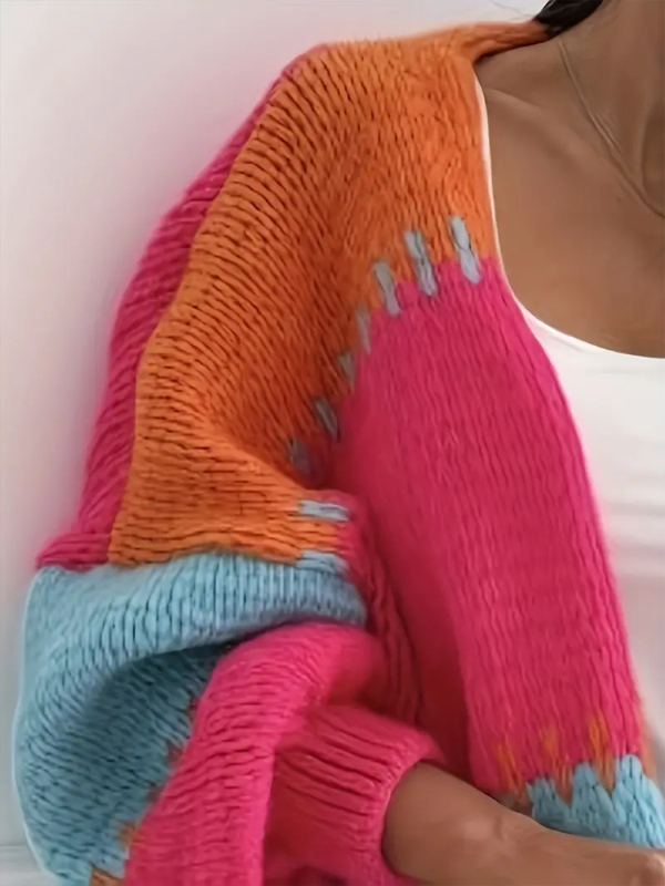 Európai és amerikai őszi és téli új, kontrasztos színű, kötött kardigán, női, bő, V-nyakú, lámpás ujjú, divatos, lezser pulóverdzseki