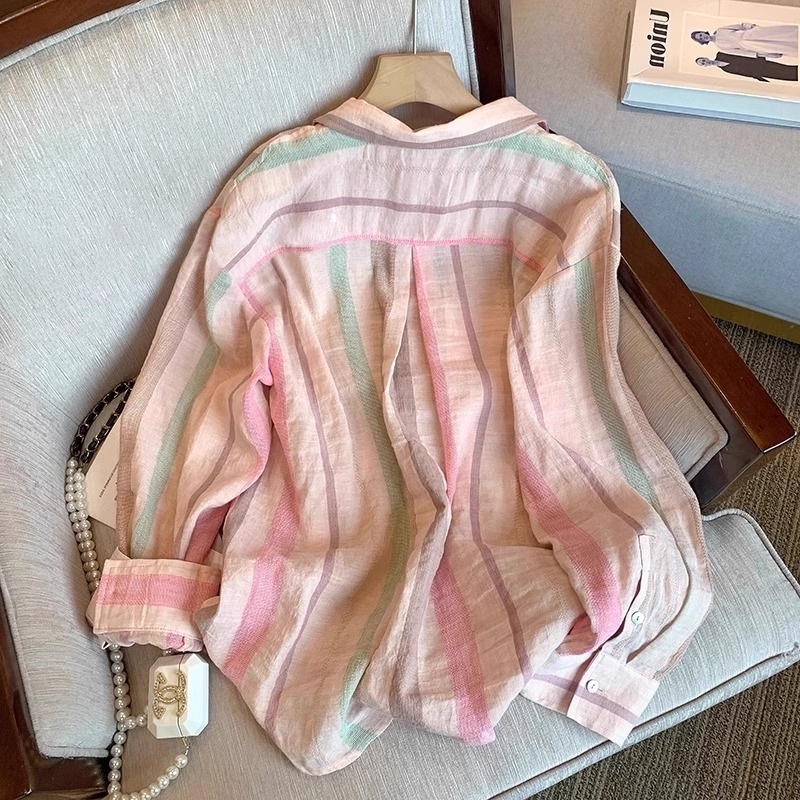 Korea loominguline puuvillast ja linasest värviline triibuline revääriga särk naistele varasügisese disainiga niši õhuke päikesekaitsejakk-top