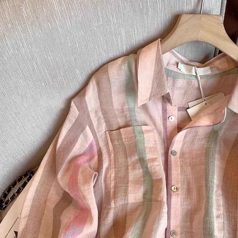 Korea loominguline puuvillast ja linasest värviline triibuline revääriga särk naistele varasügisese disainiga niši õhuke päikesekaitsejakk-top