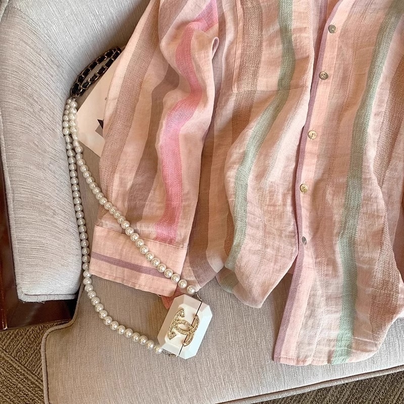 Korea loominguline puuvillast ja linasest värviline triibuline revääriga särk naistele varasügisese disainiga niši õhuke päikesekaitsejakk-top