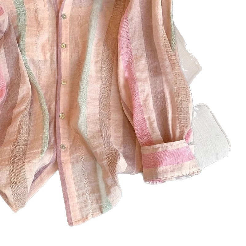 Korea loominguline puuvillast ja linasest värviline triibuline revääriga särk naistele varasügisese disainiga niši õhuke päikesekaitsejakk-top