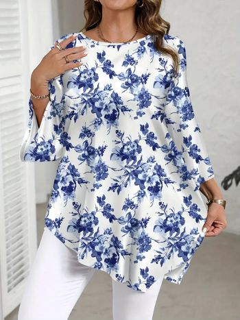 2025-ös Amazon nyári új, lezser, sokoldalú felsők, divatos, virágmintás, kerek nyakú, európai és amerikai, népszerű pólók