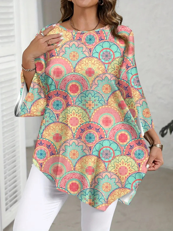 2025-ös Amazon nyári új, lezser, sokoldalú felsők, divatos, virágmintás, kerek nyakú, európai és amerikai, népszerű pólók