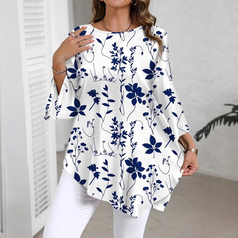 2025-ös Amazon nyári új, lezser, sokoldalú felsők, divatos, virágmintás, kerek nyakú, európai és amerikai, népszerű pólók