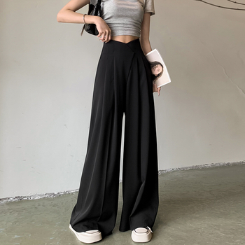 Halszálka derekú fekete kosztümnadrág nőknek nyári vékony jég selyem bő szárú nadrág laza drapé hétköznapi padlóig érő nadrág szoknya