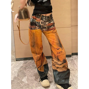 Plus Size High Street Retro Színes Öves Háromdimenziós Nyomtatású Széles Szájú Hosszú Nadrág Női Nyári Magas Derekú Scimitar Farmer Női Trendi