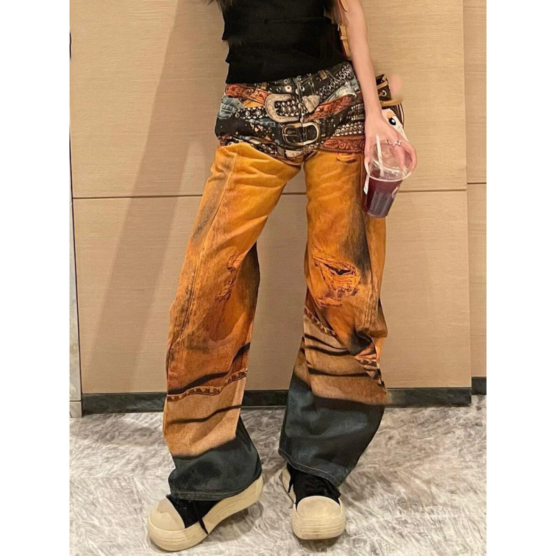 Plus Size High Street Retro Színes Öves Háromdimenziós Nyomtatású Széles Szájú Hosszú Nadrág Női Nyári Magas Derekú Scimitar Farmer Női Trendi