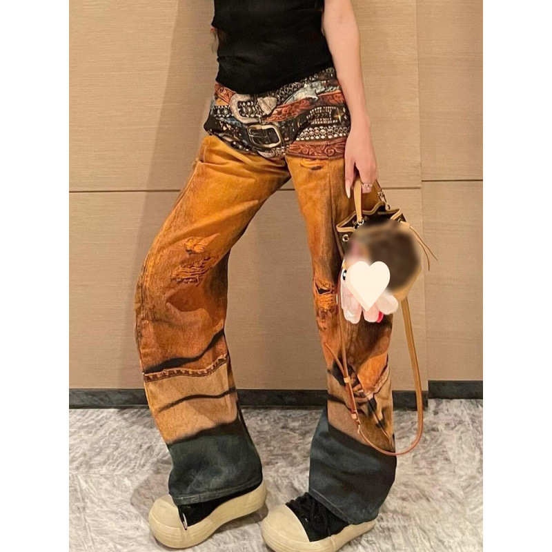 Plus Size High Street Retro Színes Öves Háromdimenziós Nyomtatású Széles Szájú Hosszú Nadrág Női Nyári Magas Derekú Scimitar Farmer Női Trendi