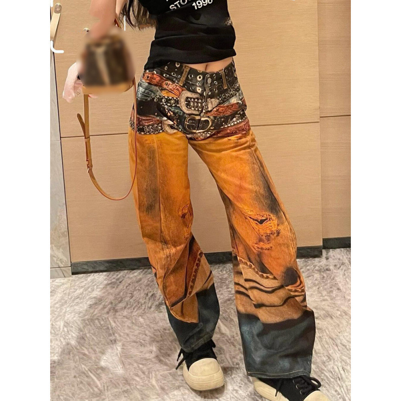 Plus Size High Street Retro Színes Öves Háromdimenziós Nyomtatású Széles Szájú Hosszú Nadrág Női Nyári Magas Derekú Scimitar Farmer Női Trendi