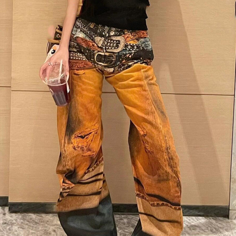 Plus Size High Street Retro Színes Öves Háromdimenziós Nyomtatású Széles Szájú Hosszú Nadrág Női Nyári Magas Derekú Scimitar Farmer Női Trendi