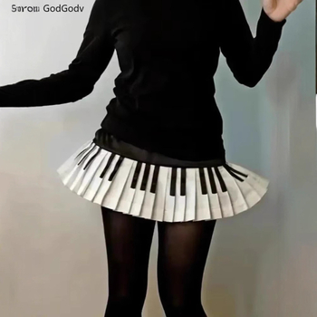 Γλυκό και Πικάντικο Στυλ Ασπρόμαυρης και Άσπρης Πιάνου Vintage Πλισέ Φούστα για Γυναικεία Άνοιξη Νέο Σχέδιο Φούστα Αδυνατίσματος