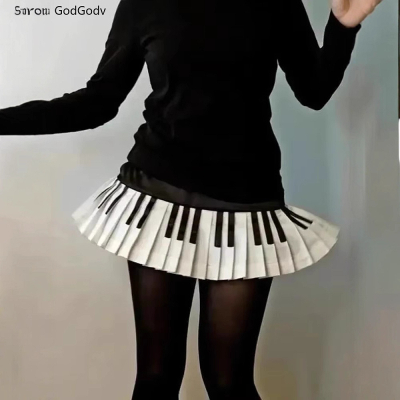 Сладка и пикантна черно-бяла плисирана пола с пиано винтидж принт за жени, пролетен нов дизайн, пола за отслабване