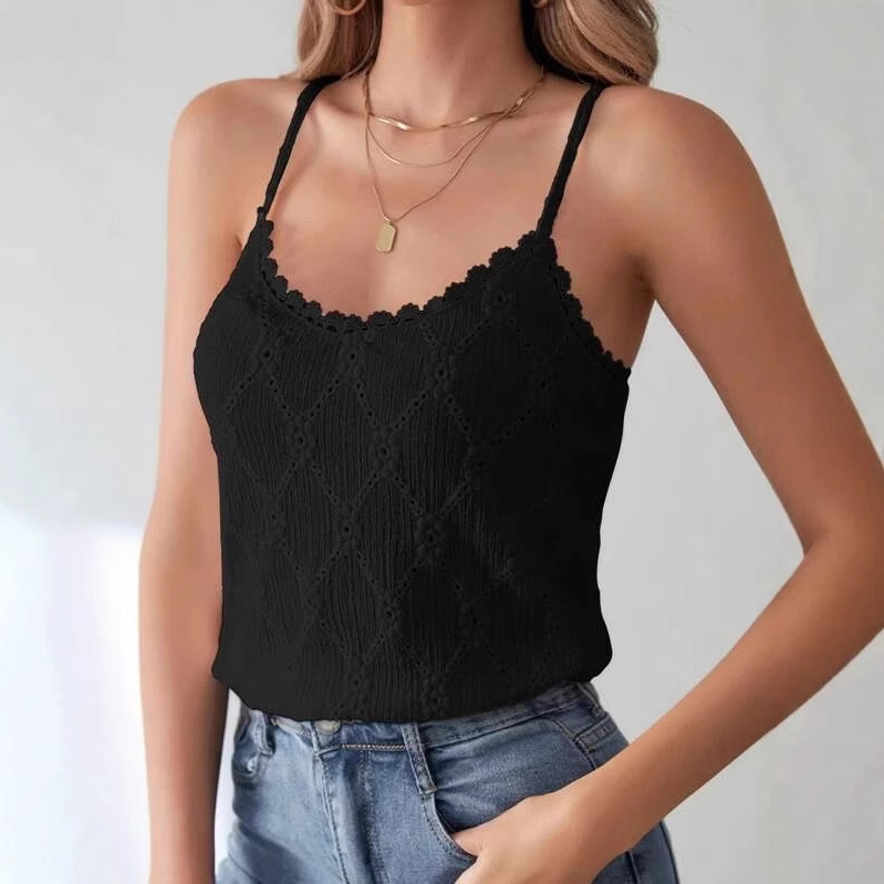 2025-ös nyári európai és amerikai Amazon Temu új, kerek nyakú, egyszínű kötött csipkés trikó